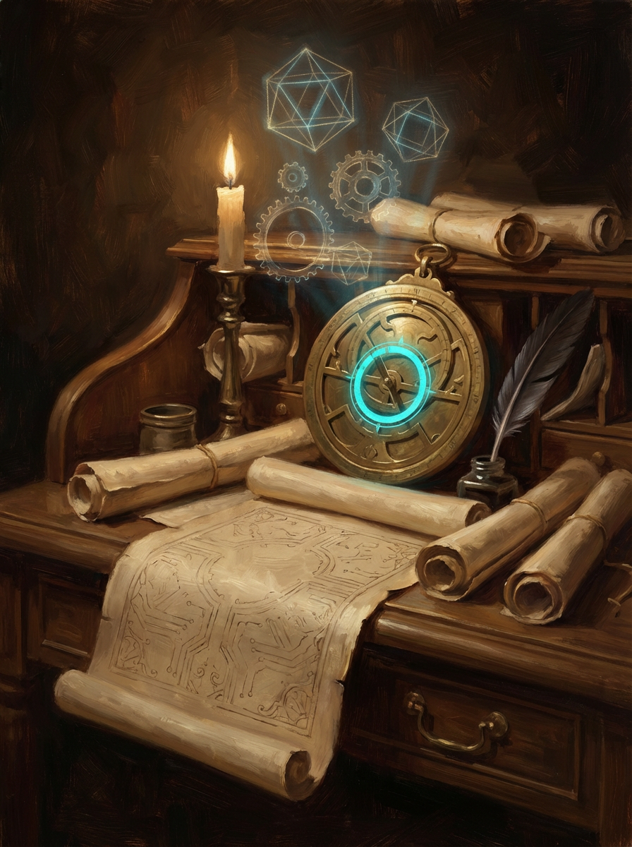 A glowing brass astrolabe beside a candle on a desk of circuit-etched scrolls and a quill