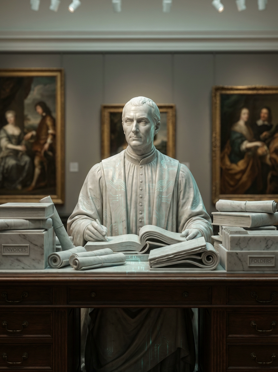 A marble figure in a gallery seated at a desk, calmly working through ledgers, scrolls and boxes labelled Invoices and Folders