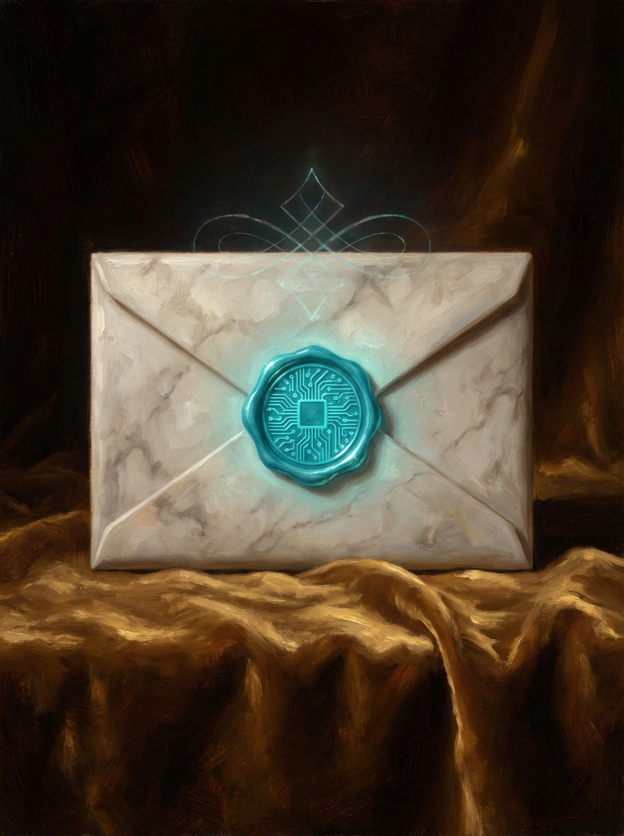 A marble-textured envelope on golden cloth, sealed with a glowing teal wax seal embossed with a circuit pattern