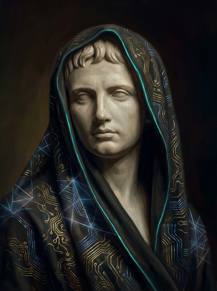 A painterly portrait of a composed marble figure in a hooded robe woven with faint gold and teal circuitry