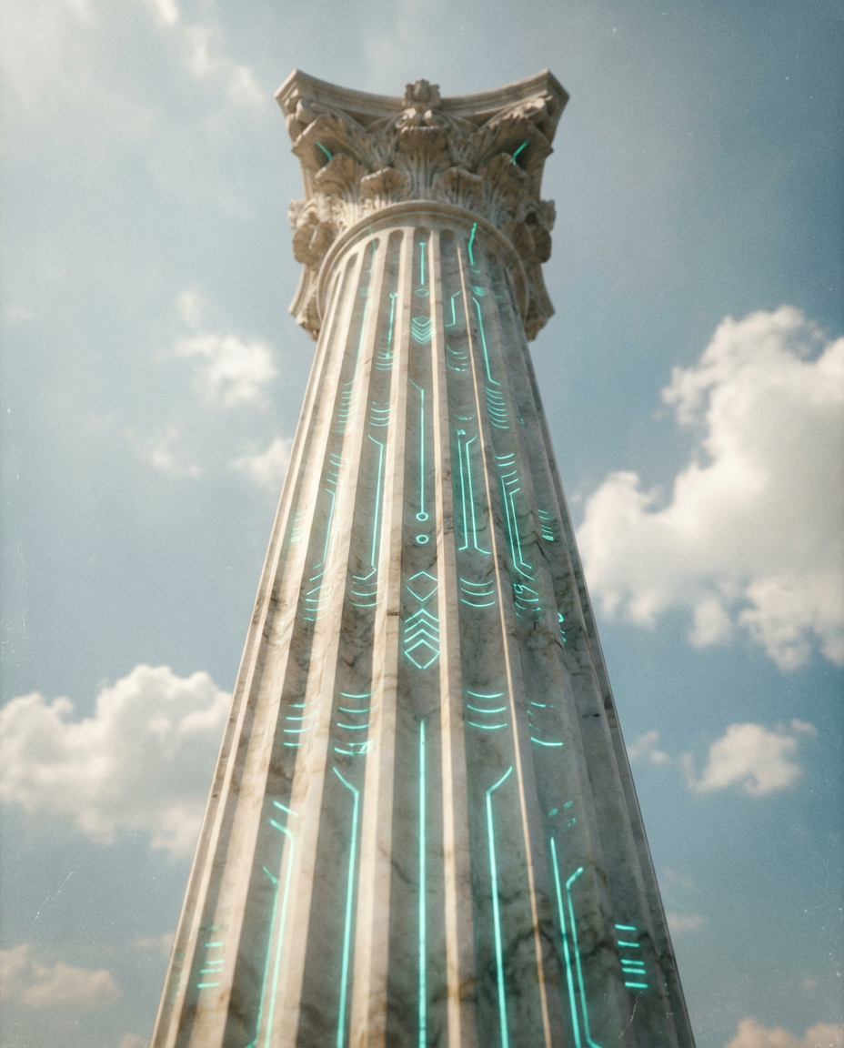 A classical marble Corinthian column traced with glowing teal circuitry, rising into a bright cloudy sky